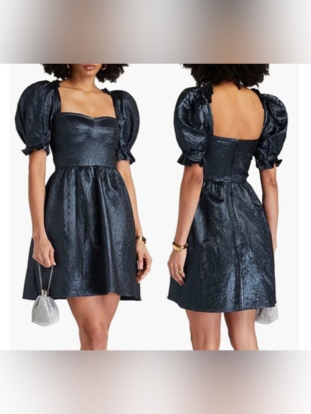 NWT Saloni Women's Puff-Sleeve Metallic Black Square-Neck Dress, US6
